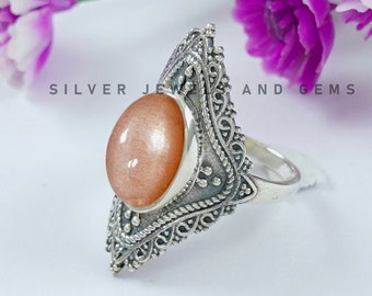 Ring perzik-maansteen: handgemaakte 925 sterlingzilver, ovale edelsteen