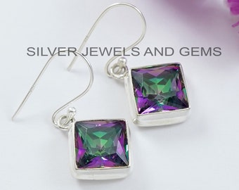 Mystic Topaz Earrings, Handmade Earrings for Her, 925 Sterling Silver Square Topaz Earring, Birthday Gift, Gift for Friends