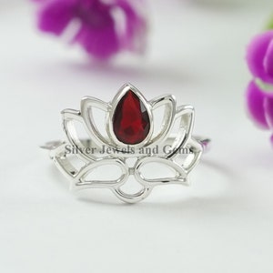 Silver Lotus Ring-Natural Garnet Ring-Handmade Ring-925 Sterling Silver-Gift for her-Anniversary Ring-Promise Ring-January Birthstone Ring