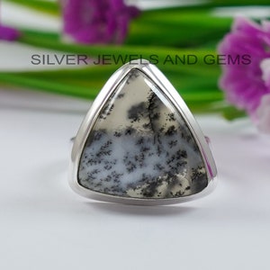 Natural Dendrite Opal Ring, Triangle Dendrite Opal Ring, 925 Sterling Silver, Anniversary Ring, Black and White Gemstone, Birthstone Ring