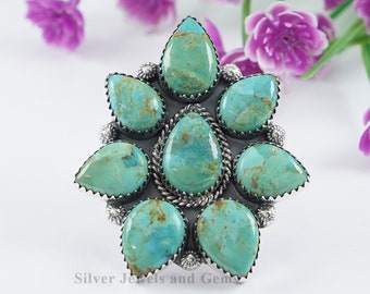 Turquoise Cluster Ring, Natural Kingman Turquoise Ring, Designer Boho Ring, 925 Sterling Silver Ring, Multi Stone Ring, Gift for Her