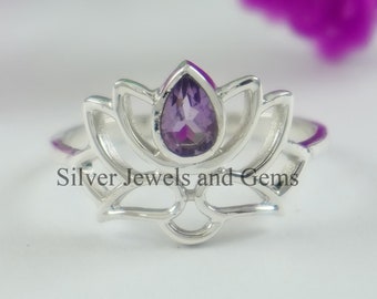 Natural Amethyst Lotus Ring-Handmade Silver Ring-925 Sterling Silver Ring-Silver Lotus Ring-Gift for her-February Birthstone-Promise Ring