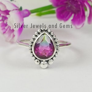 Wassermelonen-Turmalinquarz Ring, 925 Sterling Silber Ring, handgemachter Ring, Teardrop Turmalin Ring, Boho Ring, Cocktail Ring, Geschenk für sie