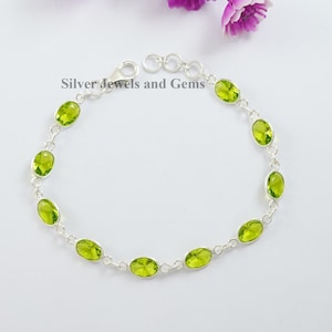 Pulsera de peridoto natural, hecha a mano para mujer, de plata de ley 925, con peridoto ovalado, ideal para bodas.