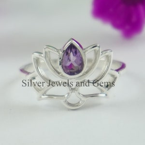 Natural Amethyst Lotus Ring-Handmade Silver Ring-925 Sterling Silver Ring-Silver Lotus Ring-Gift for her-February Birthstone-Promise Ring