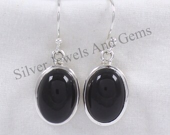 Oval Black Onyx Earrings: Handmade Sterling Silver, December Birthstone