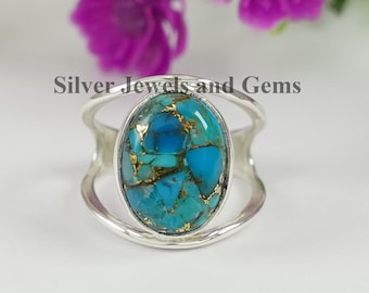 Blue Copper Turquoise Ring, Handmade Ring for Her, 925 Sterling Silver Ring, Mohave Turquoise Ring, Wedding Ring, Oval Gemstone Ring