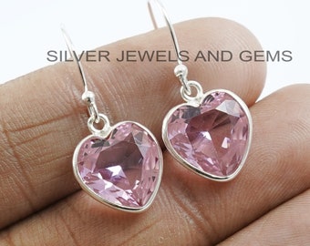 Boucle d'oreille en quartz rose, Argent sterling 925, Boucle d'oreille en forme de coeur, Boucles d'oreilles faites main, Boucles d'oreilles avec pierres précieuses roses, Boucles d'oreilles d'anniversaire, Cadeau pour elle