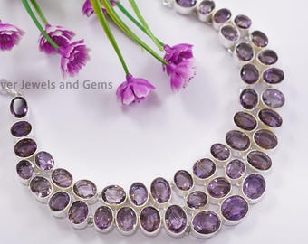Natural Amethyst Necklace, Handmade Cluster Necklace, 925 Sterling Silver Necklace, Wedding Necklace, Oval Gemstone Statement Necklace