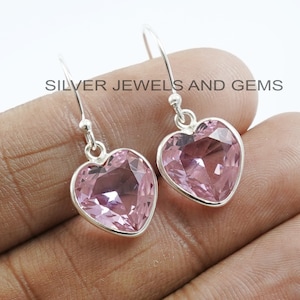 Rosa Quarz Ohrring, 925 Sterling Silber, Herz Ohrring, handgemachte Ohrringe, Rosa Edelstein Ohrringe, Jahrestag Ohrringe, Geschenk für sie