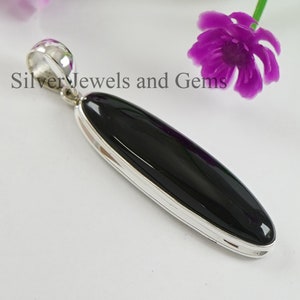 Long Black Onyx Sterling Silver Pendant, December Birthstone