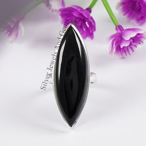 925 Sterling Silver Ring, Natural Black Onyx Ring, Handmade Ring, Marquise Black Onyx Ring, Gift for her, December Birthstone, Long Ring