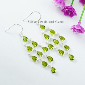 Natuurlijke Peridot oorbellen, ambachtelijke design oorbel, 925 sterling zilver, cadeau voor haar, lange oorbel, handgemaakte oorbellen, bruiloft oorbellen afbeelding 2