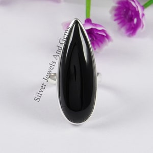 Long Black Onyx Ring, Teardrop Onyx Ring, Handmade Ring, 925 Sterling Silver Ring, Gift for her, December Birthstone Ring, Birthday Ring