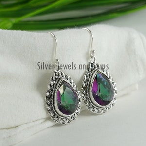 Natural Mystic Topaz Earrings-Handmade Silver Earrings-925 Sterling Silver Earrings-Teardrop Mystic Earrings-Wedding Gift-Gemstone Earrings