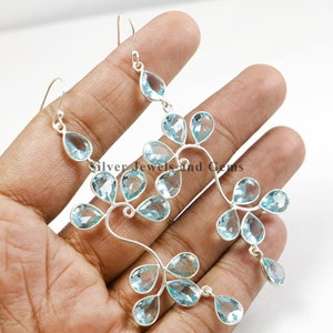Natural Blue Topaz Earrings-Dangle Earring-Handmade Earrings-Teardrop Topaz Earrings-925 Sterling Silver Earrings-Multistone Bezel Earrings