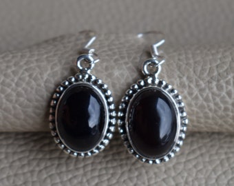 Oval Black Onyx Earrings: Handmade Sterling Silver Boho Jewelry