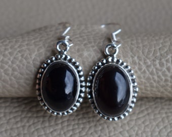 Oval Black Onyx Earrings, Designer Boho Earring, Handmade Earrings, 925 Sterling Silver Earrings, Onyx Earring, December Birthstone Earrings