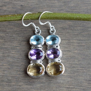 Multi Stone Earring, Blue Topaz Amethyst Citrine Earring, 925 Sterling Silver Earring, Wedding Earrings, Natural Gemstone Earring