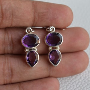 Natural Amethyst Earrings, 925 Sterling Silver Earrings, Gift for her, February Birthstone, Gemstone Earrings, Double Stone Earrings