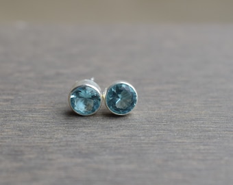 Natural Blue Topaz Stud Earrings-Handmade Silver Studs-925 Sterling Silver Stud Earrings-Gift for her-Blue Gemstone Studs-Blue Topaz Earring