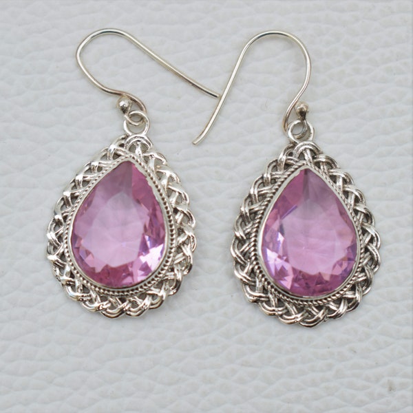 Pink Quartz Earrings, Handmade Earrings, 925 Sterling Silver, Teardrop Designer Earrings, Pink Gemstone Earring, Birthday Earring