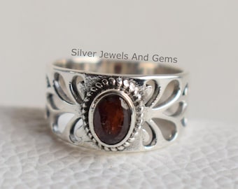 Natural Garnet Ring, Handmade 925 Sterling Silver Ring, Designer Oval Garnet Wide Band Ring, Gift for her, Anniversary Ring