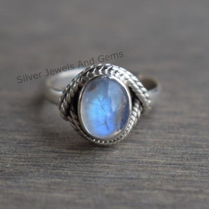 Natural Rainbow Moonstone Ring-Blue Fire Moonstone Ring-Handmade Silver Ring-925 Sterling Silver-Oval Moonstone Designer Ring-Promise Ring