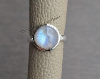 Natural Rainbow Moonstone Ring-Blue Fire Moonstone Ring-Handmade Silver Ring-925 Sterling Silver-Round Moonstone-Gift for her-Promise Ring