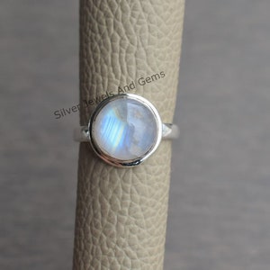 Natural Rainbow Moonstone Ring-Blue Fire Moonstone Ring-Handmade Silver Ring-925 Sterling Silver-Round Moonstone-Gift for her-Promise Ring
