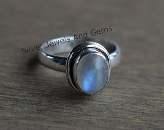 Anillo de piedra lunar natural, anillo de piedra lunar con destellos azules, plata de ley 925 hecha a mano, regalo para ella, anillo de aniversario.