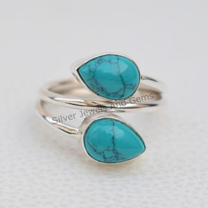 Natural Turquoise Ring, Adjustable Ring, 925 Sterling Silver Ring, Double Gemstone Ring, Birthday Ring, December Birthstone, Promise Ring