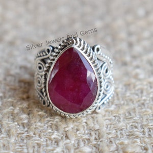 Ruby Ring, Red Gemstone Ring, 925 Sterling Silver Ring, Designer Teardrop Ruby Ring, Gift for Mother, Solitaire Ring, Handmade Ring