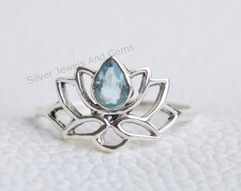 Natural Blue Topaz Lotus Ring-Handmade Silver Ring-925 Sterling Silver Ring-Silver Lotus Ring-Gift for her- December Birthstone-Promise Ring