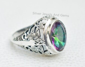 Oval Mystic Topaz Ring, Handmade 925 Sterling Silver, Boho Anniversary Ring