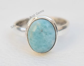 Natural Larimar Ring-Handmade Silver Ring-Oval Larimar Ring-925 Sterling Silver Ring- Simple Ring-Gift for her-Promise Ring