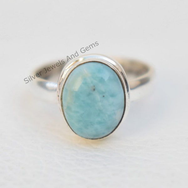 Natural Larimar Ring-Handmade Silver Ring-Oval Larimar Ring-925 Sterling Silver Ring- Simple Ring-Gift for her-Promise Ring