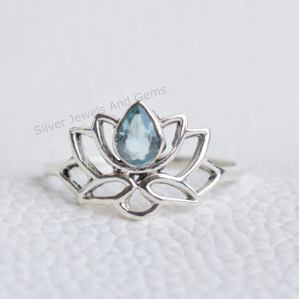 Natural Blue Topaz Lotus Ring-Handmade Silver Ring-925 Sterling Silver Ring-Silver Lotus Ring-Gift for her- December Birthstone-Promise Ring