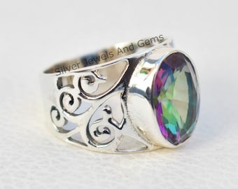 Natural Mystic Topaz Ring-Handmade Silver Ring-925 Sterling Silver Ring-Designer Oval Mystic Topaz Ring-Gift for her-Anniversary Ring