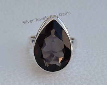 Natural Smoky Quartz Ring, 925 Sterling Silver Ring, Teardrop Smoky Ring, Gift for her, Capricorn Birthstone Ring, Handmade Ring