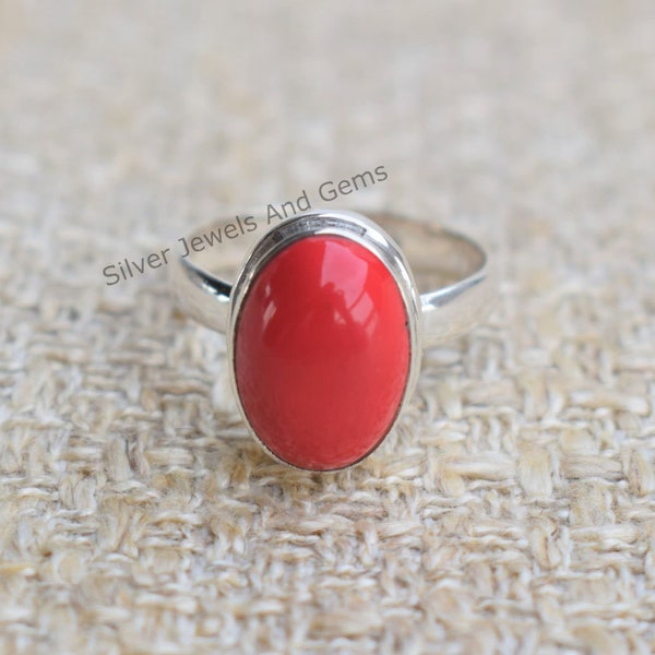Red Coral Ring-Handmade Silver Ring-925 Sterling Silver Ring-Oval Coral Ring-Gift for her-April Birthstone-Promise Ring