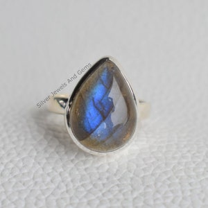 Natural Labradorite Ring, Blue Fire Labradorite Ring, Handmade Ring, 925 Sterling Silver Ring, Teardrop Labradorite Ring, Birthday Ring