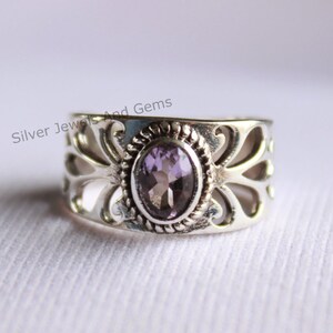 Natural Amethyst Ring, 925 Sterling Silver Ring, Oval Amethyst Ring, Wide Band Ring, Birthday Gift, February Birthstone, Handmade Ring