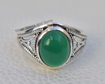 Natural Green Onyx Ring-Handmade Silver Ring-925 Sterling Silver Ring-Oval Green Onyx Designer Ring-December Birthstone-Promise Ring