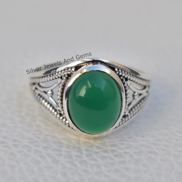 Natural Green Onyx Ring-Handmade Silver Ring-925 Sterling Silver Ring-Oval Green Onyx Designer Ring-December Birthstone-Promise Ring