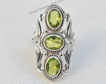 Natural Peridot Ring-Handmade Silver Ring-925 Sterling Silver Ring-Multi Stone Oval Peridot Ring-Promise Ring-August Birthstone Ring