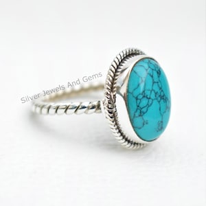 Turquoise Ring, Rope Design Band Ring, 925 Sterling Silver Ring, Gift for Her Handmade Ring, Oval Ring, December Birthstone Boho Ring