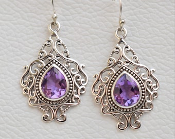 Natural Amethyst Earrings-Handmade Silver Earrings-925 Sterling Silver-Designer Amethyst Earrings-February Birthstone-Dangle Drop Earrings