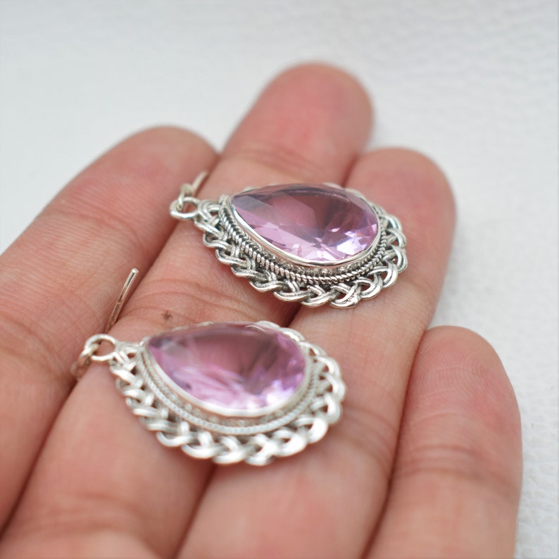 Pink Quartz Earrings-Handmade Silver Earrings-925 Sterling Silver-Teardrop Pink Quartz Designer Earrings-Dangle Drop Earrings