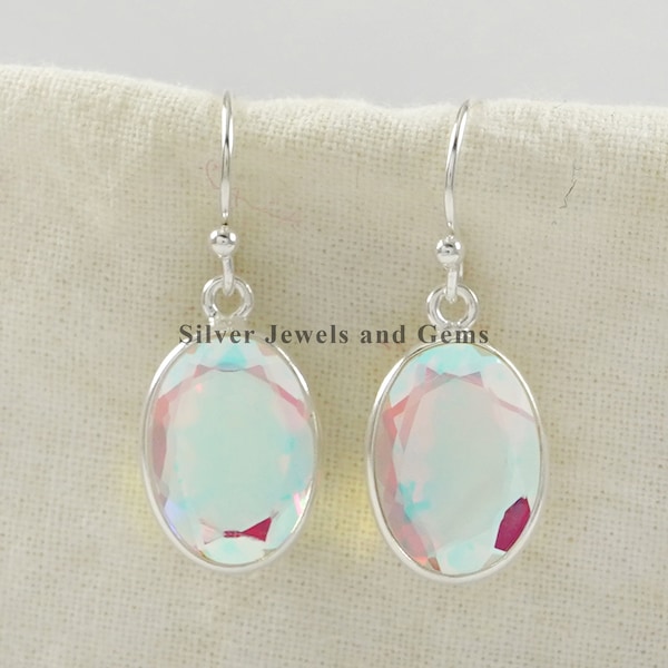 Natural Angel Aura Quartz Earrings, Handmade Earrings, 925 Sterling Silver, Oval Aura Quartz Earrings, Bezel Earring, Dangle Drop Earrings